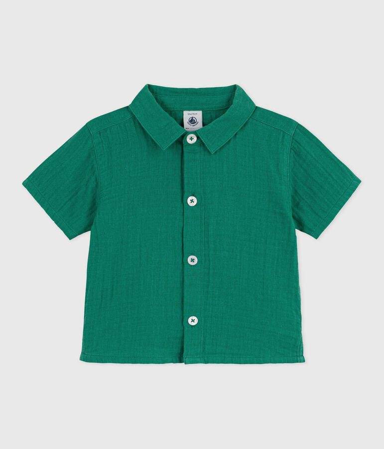 Chemise b&eacute;b&eacute; en coton/lin &agrave; manches courtes, unie vert
