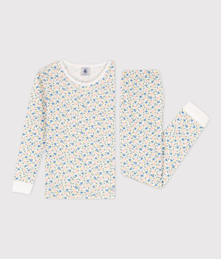 Pyjama ajust&eacute; en coton petite fille blanc MARSHMALLOW/blanc MULTICO