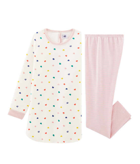 Chemise de nuit manches longues à coeurs petite fille en jersey double face blanc MARSHMALLOW/blanc MULTICO