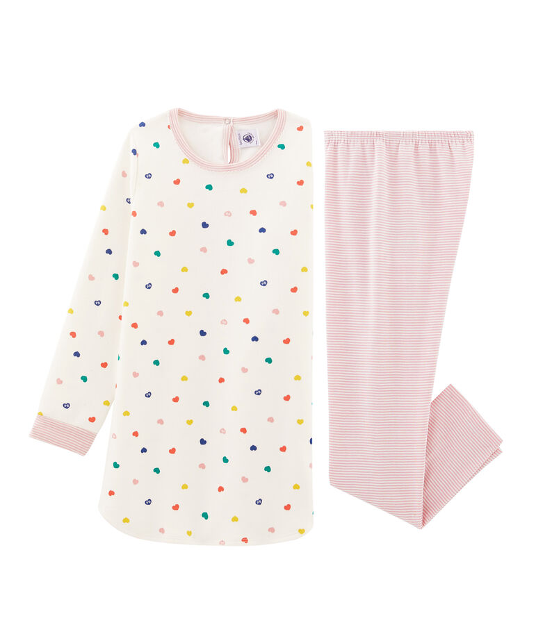 Chemise de nuit manches longues &agrave; coeurs petite fille en jersey double face blanc/multicouleur