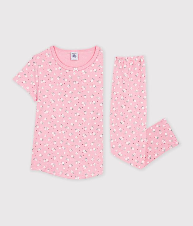 Pyjama enfant en coton manches courtes jambes longues imprim&eacute; rose/multicouleur