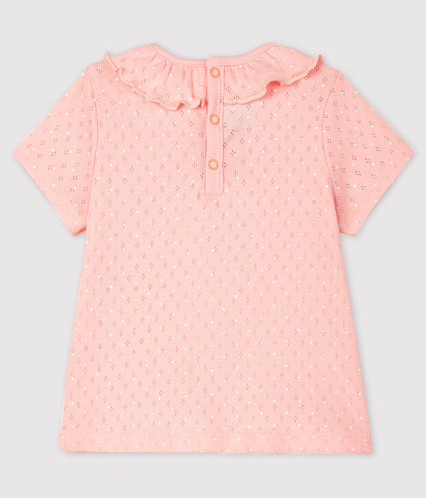 Blouse ajour&eacute;e manches courtes en coton b&eacute;b&eacute; fille rose/blanc