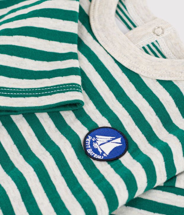 Tee-shirt b&eacute;b&eacute; en coton manches longues &agrave; rayures vert/beige