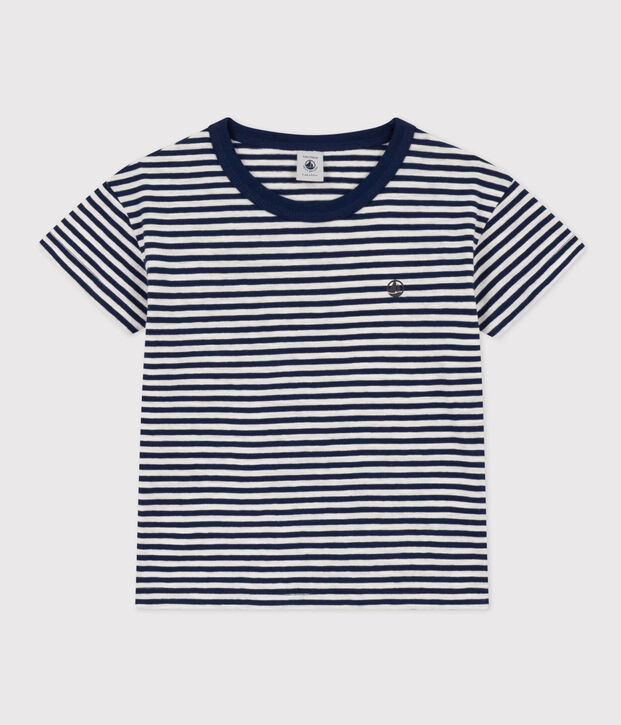 Tee-shirt ray&eacute; en coton enfant gar&ccedil;on bleu/blanc