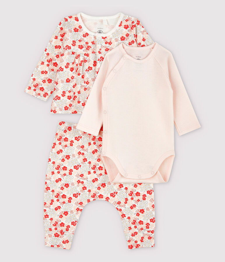 Ensemble 3 pi&egrave;ces rose b&eacute;b&eacute; en coton biologique blanc MARSHMALLOW/blanc MULTICO