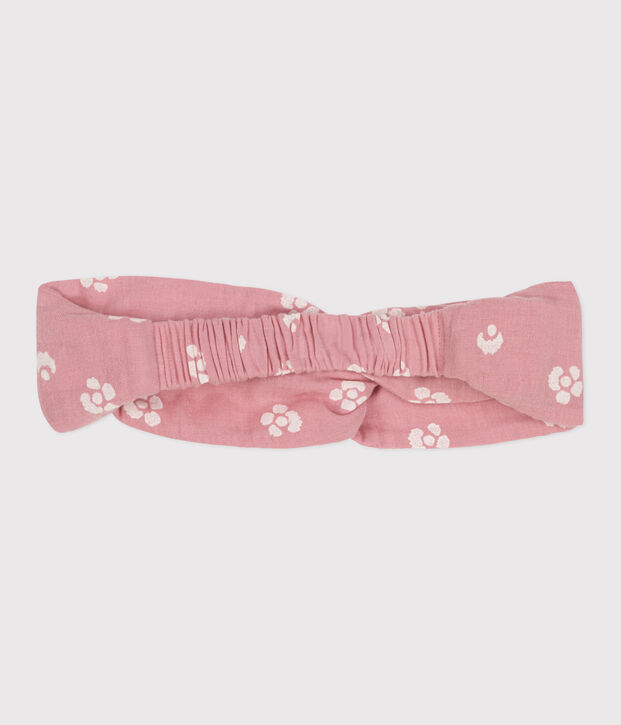 Bandeau enfant en gaze de coton imprim&eacute; fleurs rose/blanc