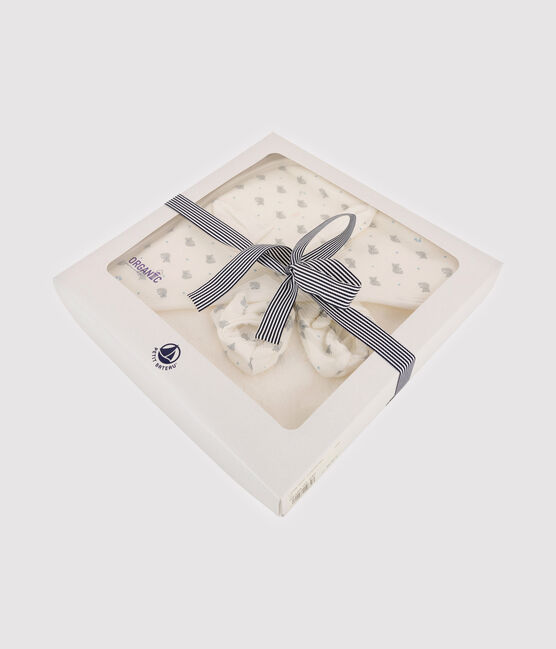 Coffret carré de bain et chaussons bébé en éponge et coton biologique blanc MARSHMALLOW/gris GRIS/ MULTICO