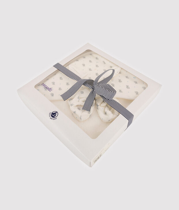 Coffret carr&eacute; de bain et chaussons b&eacute;b&eacute; en &eacute;ponge et coton biologique blanc/gris/multicouleur