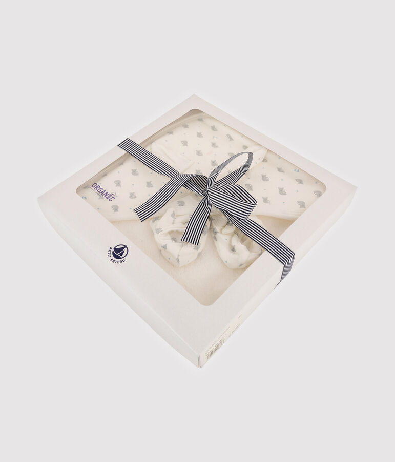 Coffret carr&eacute; de bain et chaussons b&eacute;b&eacute; en &eacute;ponge et coton biologique blanc MARSHMALLOW/gris GRIS/ MULTICO