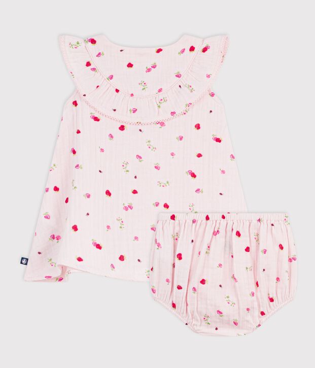 Robe b&eacute;b&eacute; en coton avec son bloomer, imprim&eacute;s fleurs rose/multicouleur