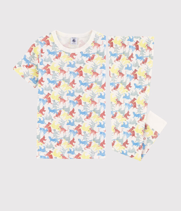 Pyjama imprim&eacute; chats petit gar&ccedil;on en coton biologique blanc/multicouleur