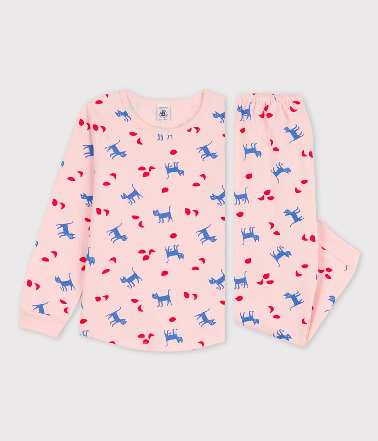 Pyjama chats petite fille en coton rose MINOIS/blanc MULTICO