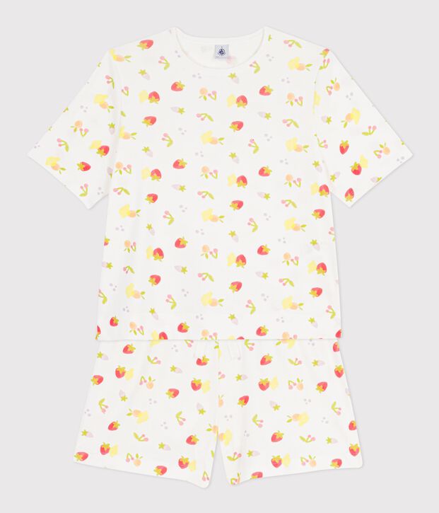 Pyjama short femme en coton imprim&eacute; fruits blanc/multicouleur