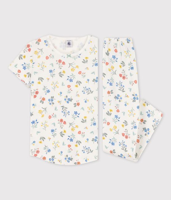 Pyjama manches courtes fleurs petite fille en coton blanc MARSHMALLOW/blanc MULTICO