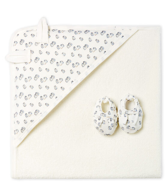 Coffret carré de bain et chaussons bébé en BE et côte blanc MARSHMALLOW/gris SCULPTURE/ MULTICO
