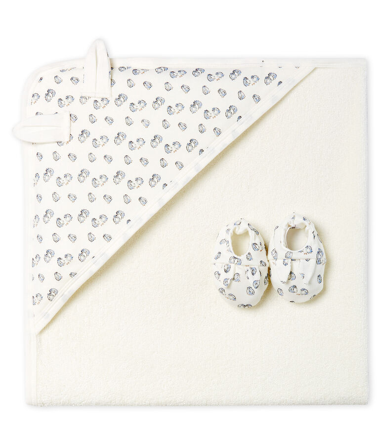 Coffret carr&eacute; de bain et chaussons b&eacute;b&eacute; en BE et c&ocirc;te blanc/gris/multicouleur