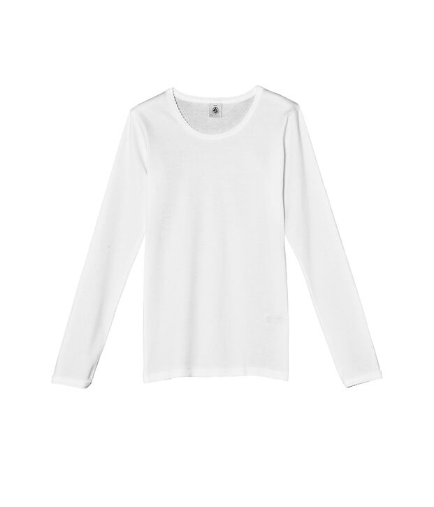 T-shirt fille manches longues uni &agrave; point cocotte blanc