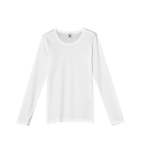 T-shirt fille manches longues uni à point cocotte blanc ECUME