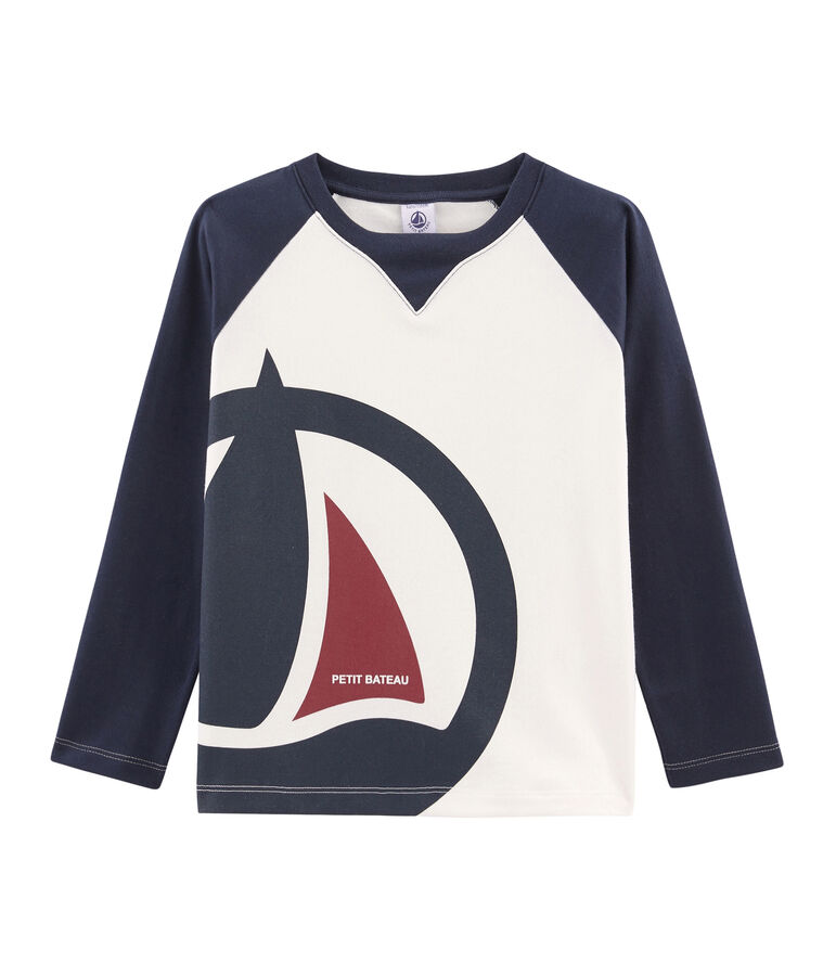 Tee-shirt manches longues enfant gar&ccedil;on blanc MARSHMALLOW/bleu SMOKING
