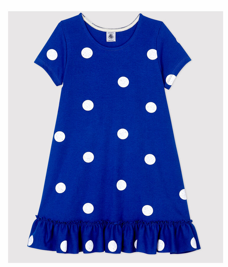 Robe manches courtes en coton et lin enfant fille bleu SURF/blanc MARSHMALLOW