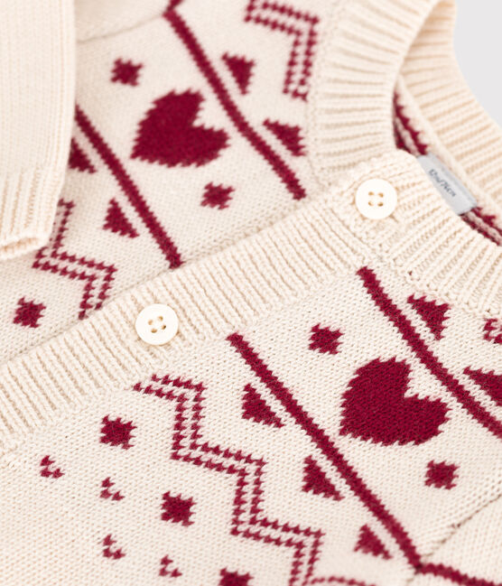 Cardigan bébé en tricot laine et coton, motifs cœurs écru AVALANCHE/ AMARANTE