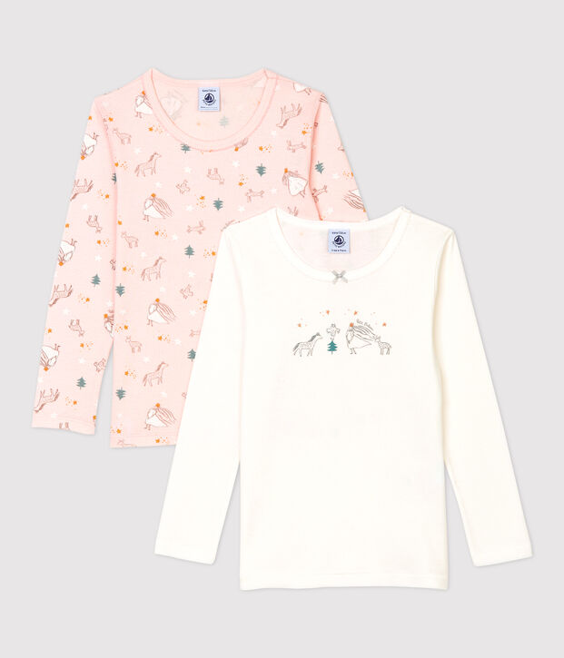 Lot de 2 tee shirts manches longues imprim&eacute; princesse petite fille en coton multicouleur