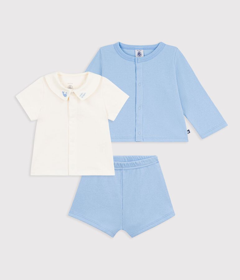 Ensemble 3 pi&egrave;ces b&eacute;b&eacute; en coton avec broderies au col bleu