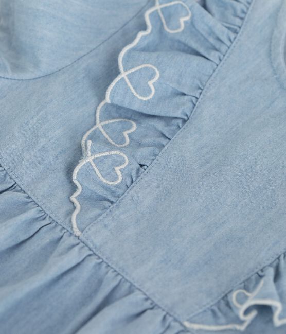 Robe bébé en coton manches courtes en chambray, brodée de cœurs bleu BLEU CLAIR