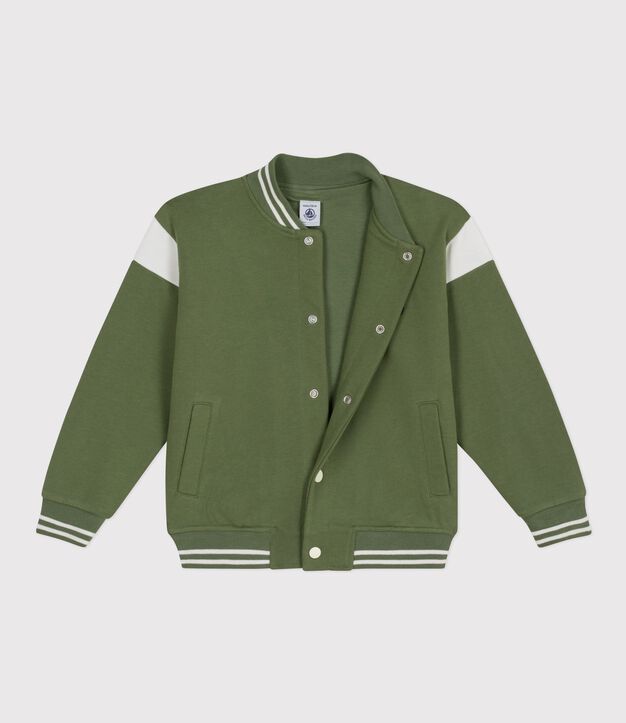 Veste teddy enfant en coton vert/&eacute;cru