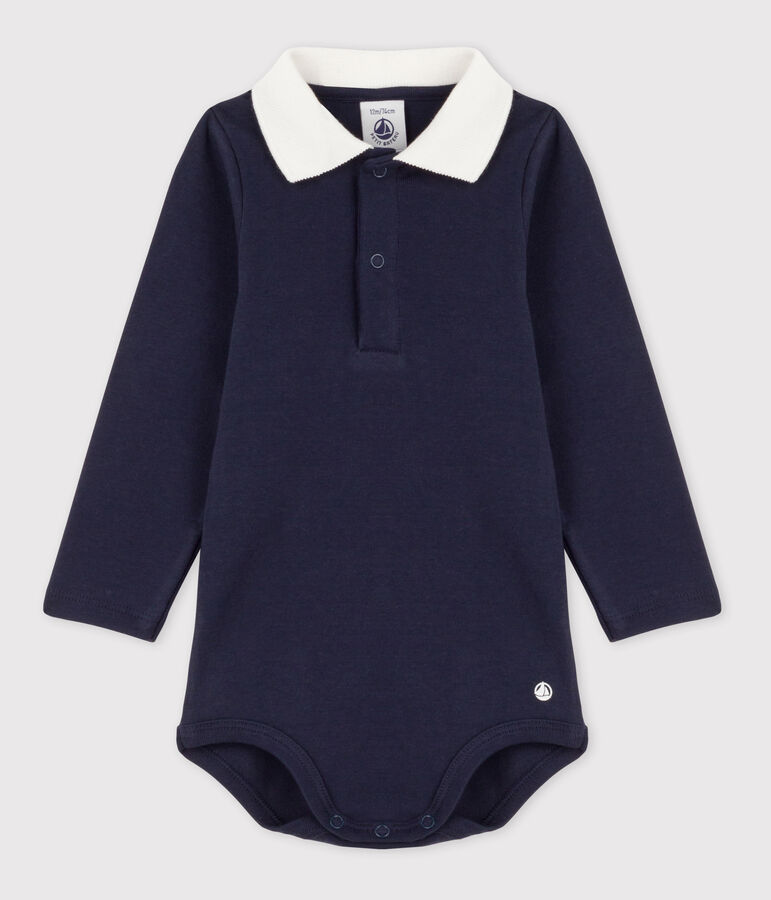 Body b&eacute;b&eacute; col polo en coton uni bleu