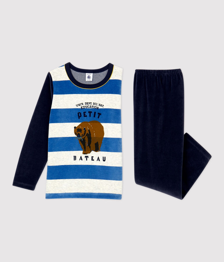 Pyjama ray&eacute; petit gar&ccedil;on en velours bleu SMOKING/blanc MULTICO