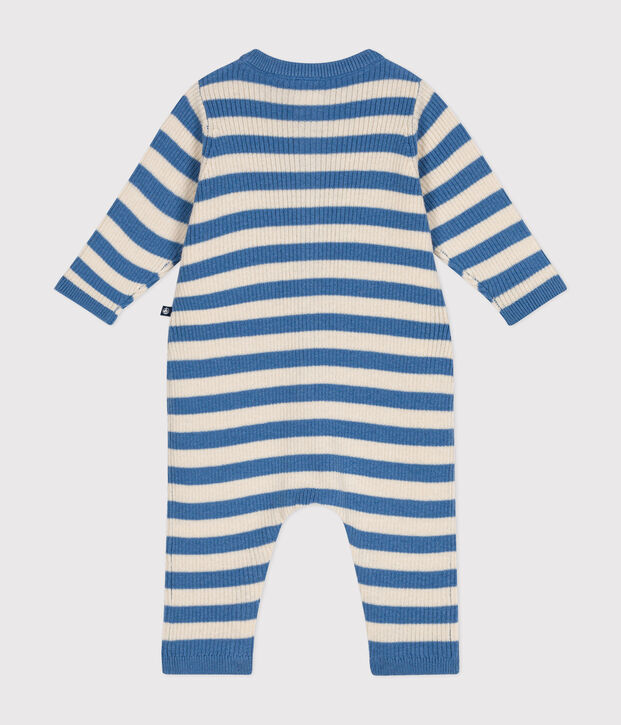 Combinaison ray&eacute;e en tricot de laine et coton b&eacute;b&eacute; bleu/&eacute;cru
