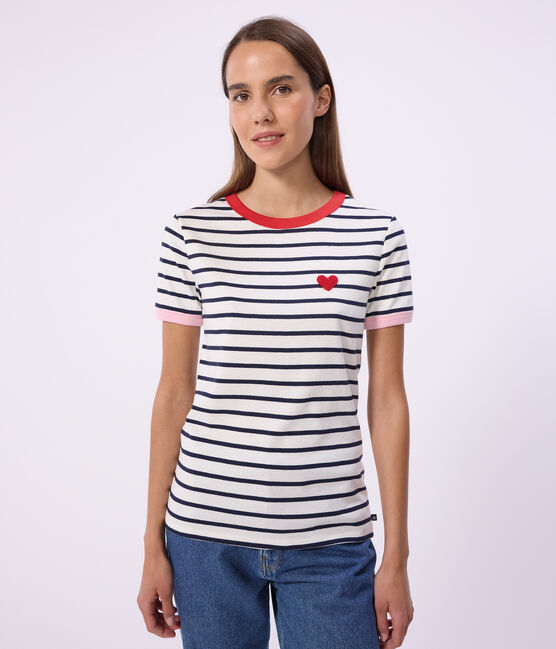 Tee-shirt femme en coton manches courtes blanc MARSHMALLOW/bleu SMOKING
