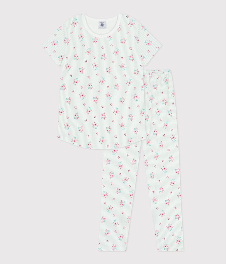 Pyjama enfant en coton manches courtes jambes longues fleuri blanc/multicouleur