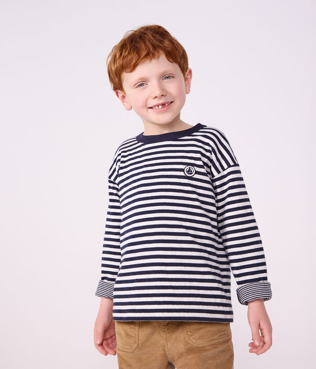 Tee-shirt enfant manches longues &agrave; rayures bleu/blanc/bleu