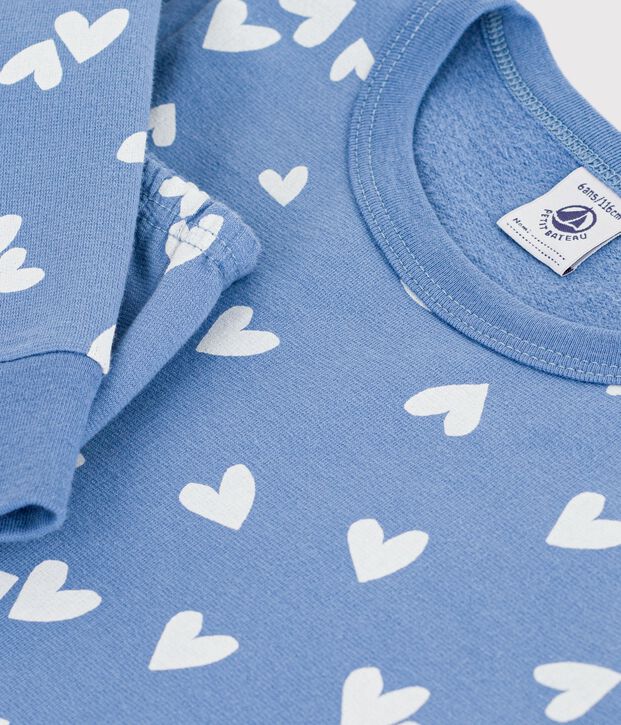 Pyjama enfant en molleton &agrave; c&oelig;urs bleu/blanc