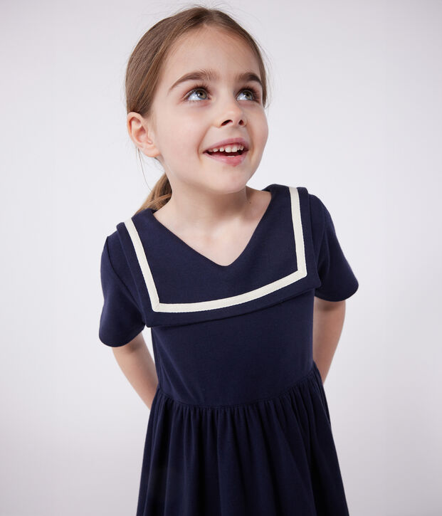 Robe enfant en coton manches courtes unie bleu