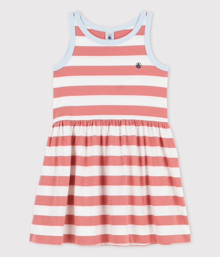 Robe ray&eacute;e sans manche en coton enfant fille rose PAPAYE/ MARSHMALLOW