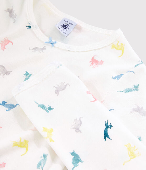 Pyjama imprimé chats petite fille en coton blanc MARSHMALLOW/blanc MULTICO