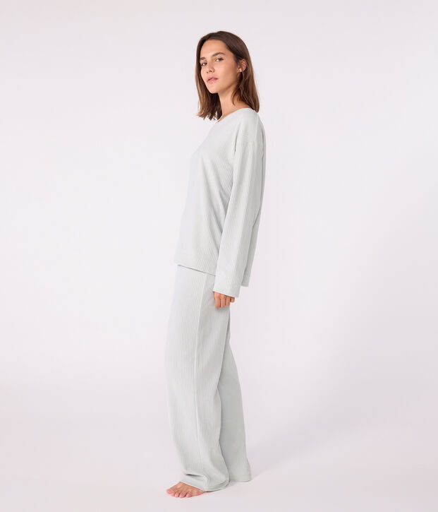 Pyjama femme en velours uni jambe droite bleu