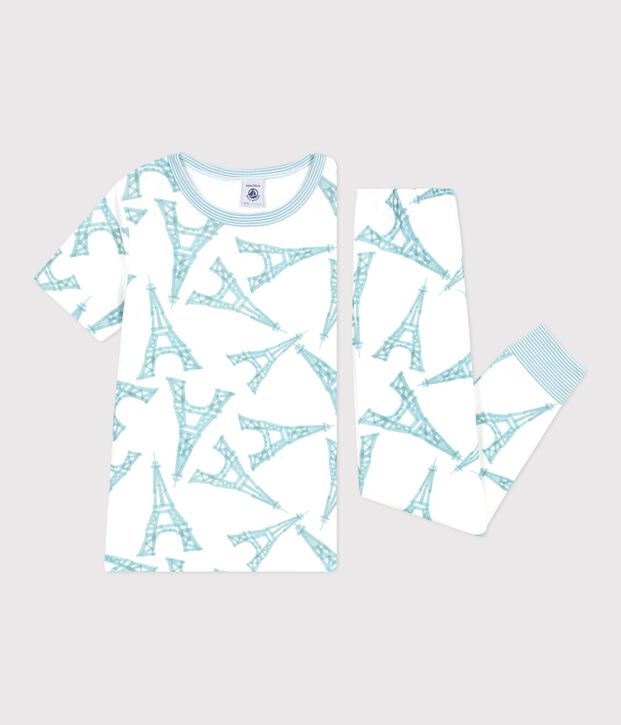 Pyjama enfant en coton manches courtes jambes longues Tour Eiffel blanc/multicouleur