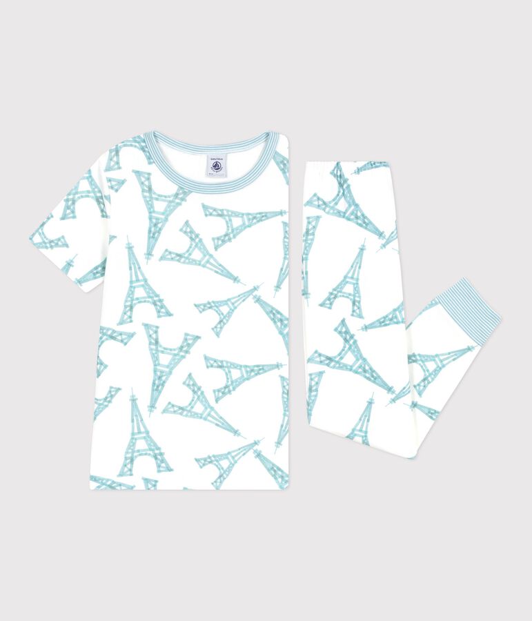 Pyjama enfant en coton manches courtes jambes longues Tour Eiffel blanc MARSHMALLOW/blanc MULTICO