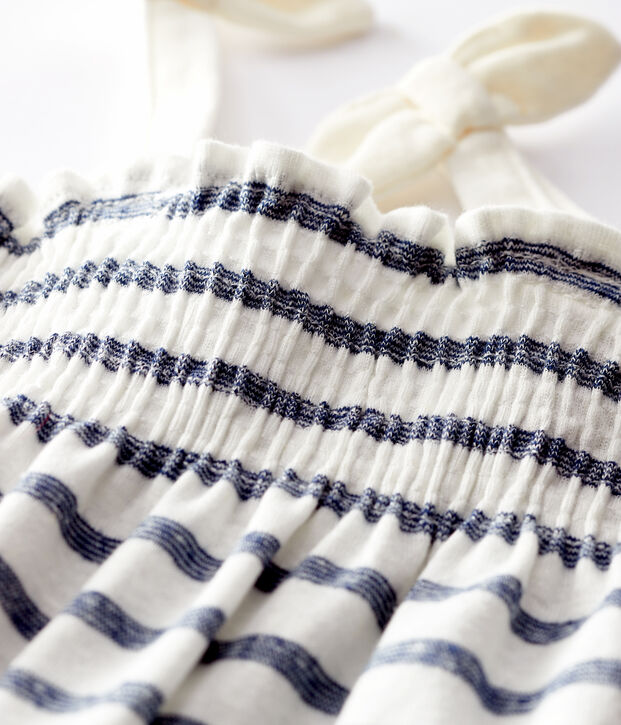 Combinaison courte en coton/lin ray&eacute; b&eacute;b&eacute; fille blanc/bleu