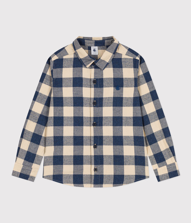 Chemise &agrave; carreaux en flanelle de coton enfant gar&ccedil;on bleu/&eacute;cru