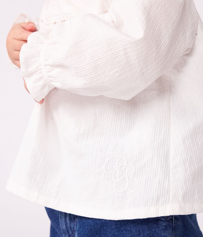 Blouse b&eacute;b&eacute; en popeline de coton manches longues, &agrave; col et brod&eacute;e blanc ECUME