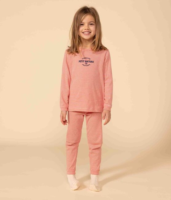 Pyjama rayé en coton enfant orange OURSIN/blanc MARSHMALLOW