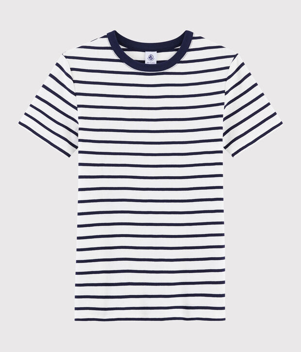T-shirt col rond iconique en coton ray&eacute; Femme blanc/bleu
