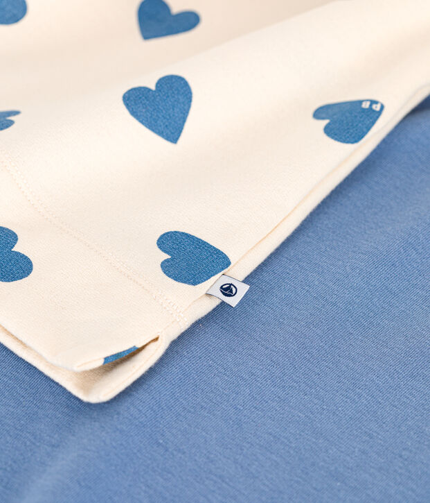 Pyjama bi-mati&egrave;re en coton femme bleu/&eacute;cru