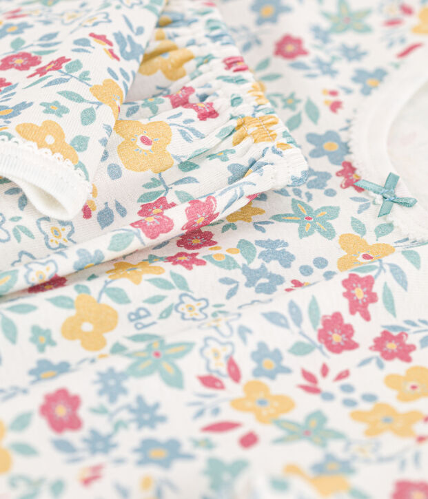 Pyjama fleurs en coton petite fille blanc/multicouleur