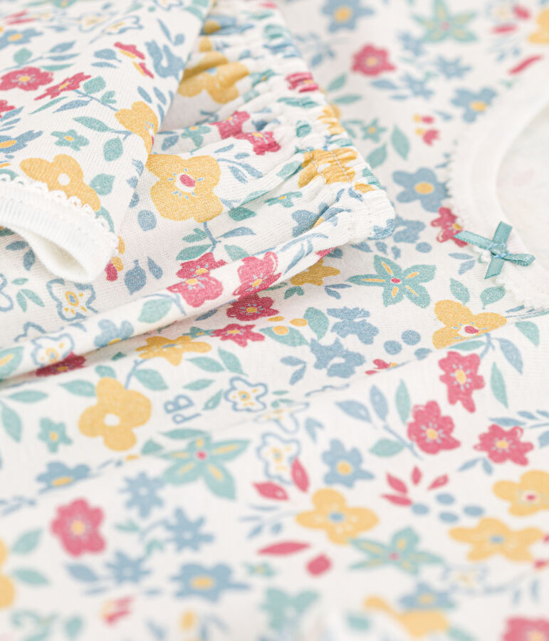 Pyjama fleurs en coton petite fille blanc MARSHMALLOW/blanc MULTICO